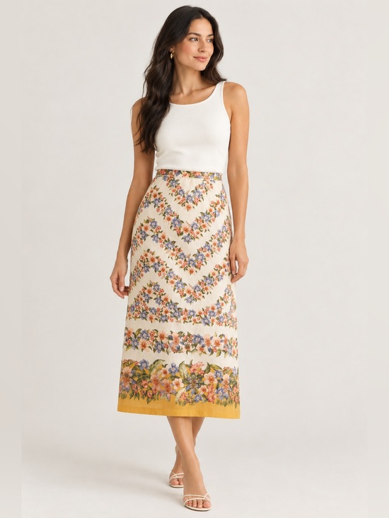 FARM Rio Dresses & Skirts - Farm Rio Floral Linen Midi Skirt Sand